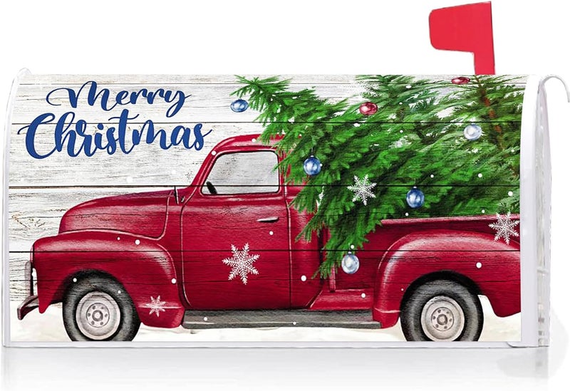 Texupday Merry Christmas Red Truck Pine Tree Decoration Mailbox Cover With Magnetic Strip Winter Snowy Holiday Mailbox Wraps Post Letter Box Cover Standard Size 21" X 18" for Garden Outdoor Yard Decor - Image 1